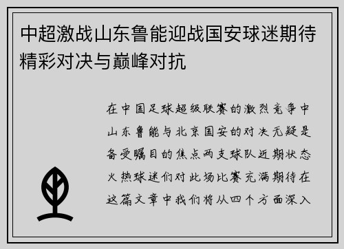 中超激战山东鲁能迎战国安球迷期待精彩对决与巅峰对抗